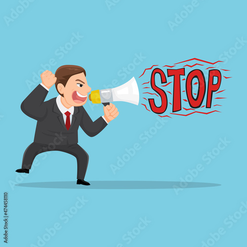 Businessman in suit shout with megaphone the word stop, Illustration vector cartoon