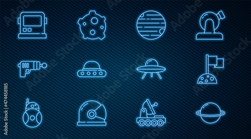 Set line Planet Saturn, Moon with flag, UFO flying spaceship, Ray gun, Astronaut helmet, and Asteroid icon. Vector