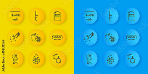 Set line Genetically modified chicken, apple, Chemical formula, Petri dish with bacteria, GMO, and Pipette icon. Vector