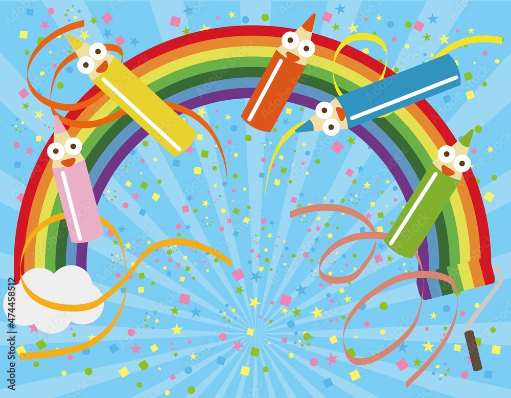 Obraz premium 虹 ローラー 色鉛筆 鉛筆 紙吹雪 テープ リボン 描く 塗る ペンキ塗り 集中線 背景 壁紙