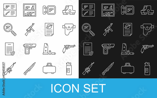 Set line Weapons oil bottle, Revolver gun, Gun in holster, Hunting shop weapon, Tommy, Pistol or search, catalog and Firearms license certificate icon. Vector