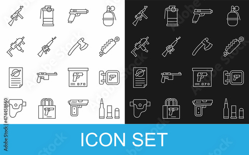 Set line Bullet, Hunting shop weapon, Trap hunting, Pistol or gun, M16A1 rifle, MP9I submachine, Tommy and Wooden axe icon. Vector photo