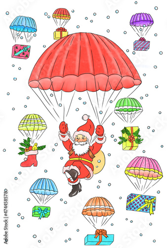 Cherfull christmas holiday greeting card. Santa Claus and Gifts.