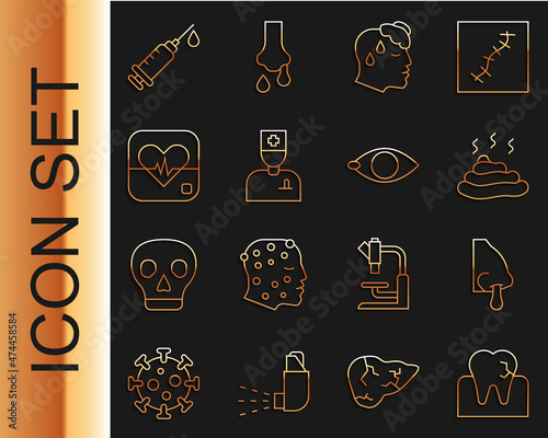 Set line Tooth with caries, Runny nose, Shit, High human body temperature, Male doctor, Heart rate, Syringe and Blindness icon. Vector