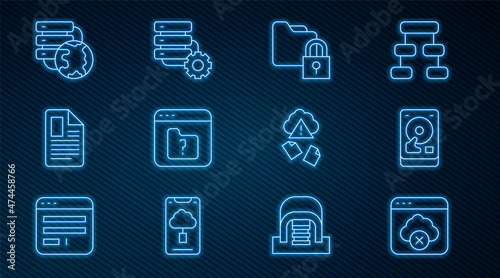 Set line Failed access cloud storage, Hard disk drive HDD, Folder and lock, File missing, document, Network connection, Cloud hacking and Server gear icon. Vector
