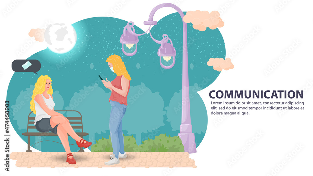 Illustration in the style of flat design One girl is sitting on a bench and the other is standing opposite and talking on the phone against the background of a night park