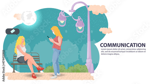 Illustration in the style of flat design One girl is sitting on a bench and the other is standing opposite and talking on the phone against the background of a night park