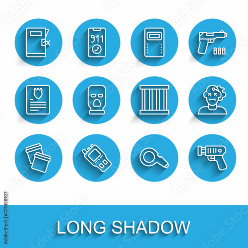 Set line Plastic bag with ziplock, Walkie talkie, Police station folder, Whistle, electric shocker, Balaclava, Murder and Prison window icon. Vector