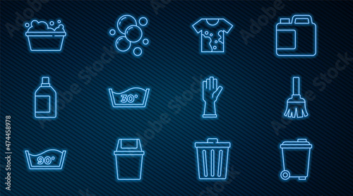 Set line Trash can, Feather broom, Dirty t-shirt, Temperature wash, Bottle for cleaning agent, Basin with soap suds, Rubber gloves and Soap water bubbles icon. Vector