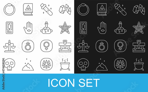 Set line Witch cauldron, Bottle with potion, Pentagram, Hamsa hand, Tarot cards, Ouroboros and Poison in bottle icon. Vector