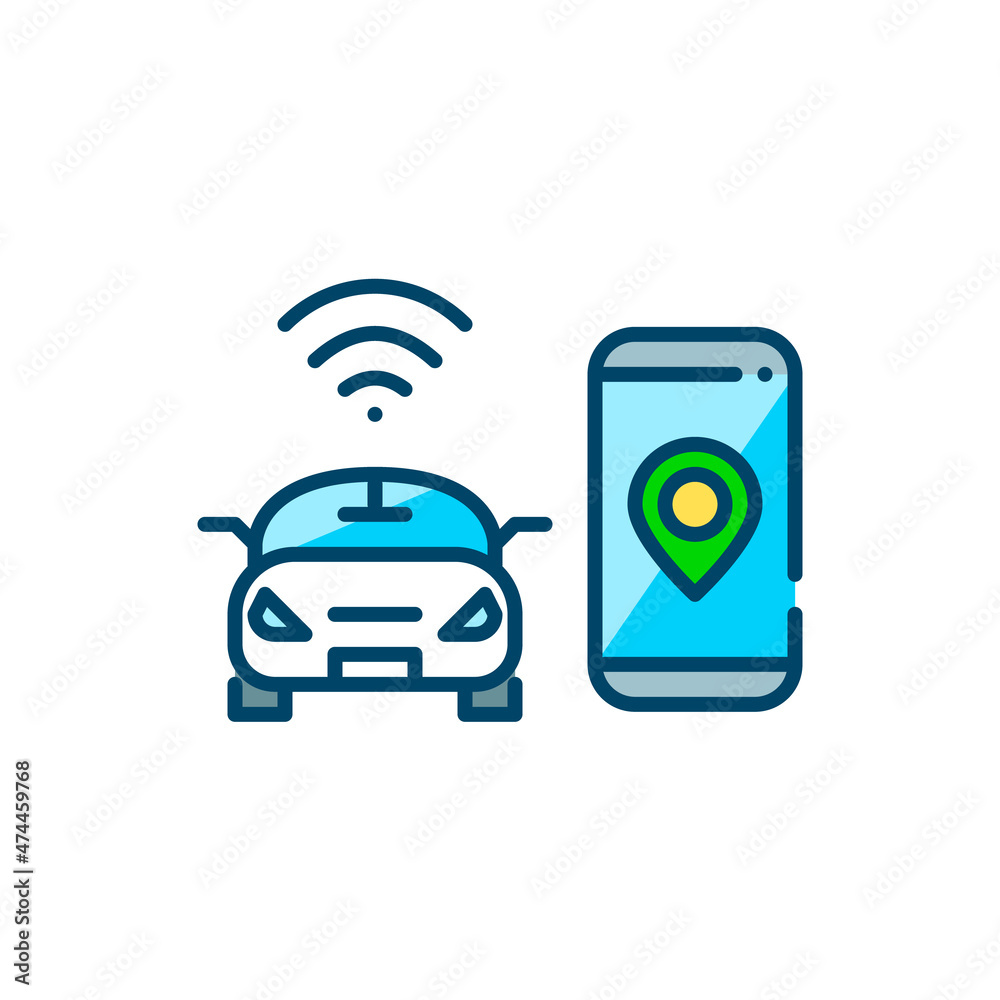 Smart self-driving car icon. Smartphone with map pointer and car with wireless connection and control. Pixel perfect, editable stroke colorful icon Smart self-driving car icon. Smartphone with map pointer and car with wireless connection and control. Pixel perfect, editable stroke colorful icon
