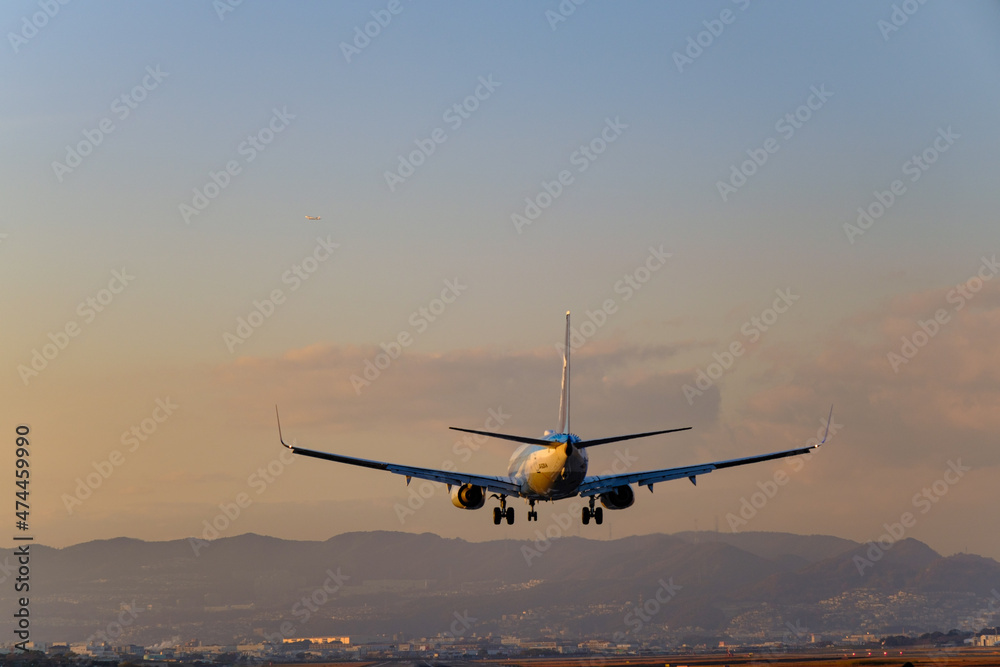 イルミネーションに輝く夜の滑走路に到着する飛行機。大阪国際空港の離発着を千里川土手より撮影 イルミネーションに輝く夜の滑走路に到着する飛行機。大阪国際空港の離発着を千里川土手より撮影