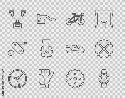 Set line Bicycle wheel, Smart watch, Gloves, Award cup with bicycle, Derailleur rear, sprocket crank and icon. Vector