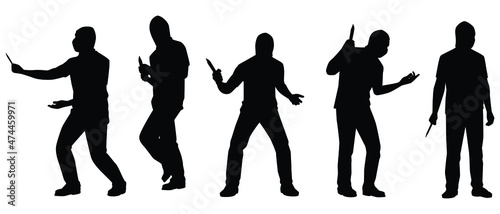 Set of robber with knife weapon in hand silhouette vector on white background