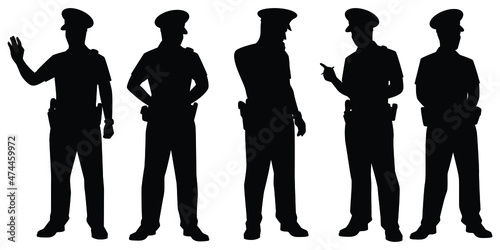 Set of standing policeman silhouette vector on white background