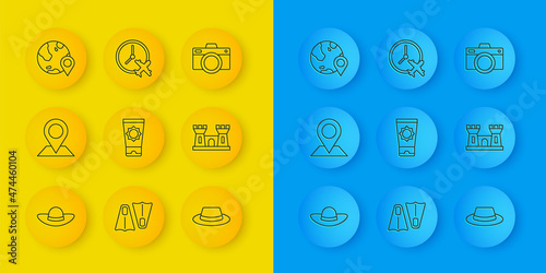 Set line Elegant women hat, Location, Sunscreen cream in tube, Man with ribbon, Sand castle, the globe, Photo camera and Clock airplane icon. Vector