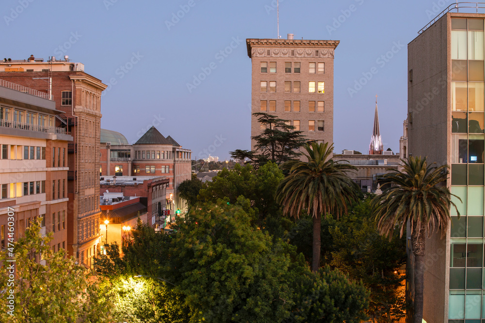 Nighttime twilight view of downtown Stockton, California, USA.