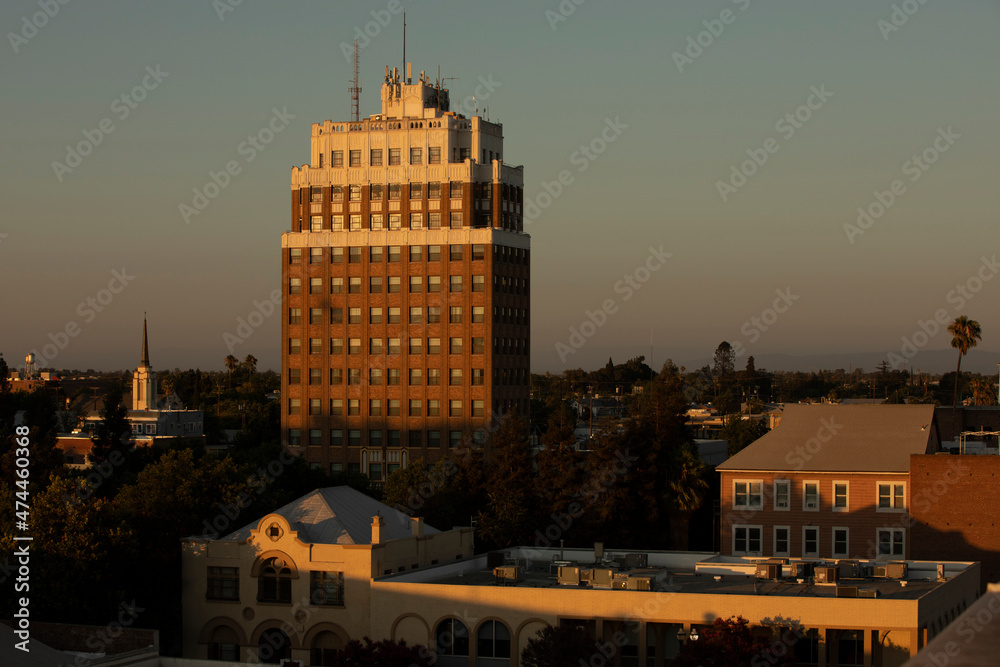 Sunset aerial view of downtown Stockton, California, USA. - obrazy, fototapety, plakaty 