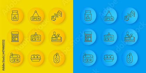 Set line Canned fish, Commercial refrigerator, Identification badge, Price tag with dollar, Cashier cash register, Jam jar, POS terminal credit card and Hanging sign Open icon. Vector