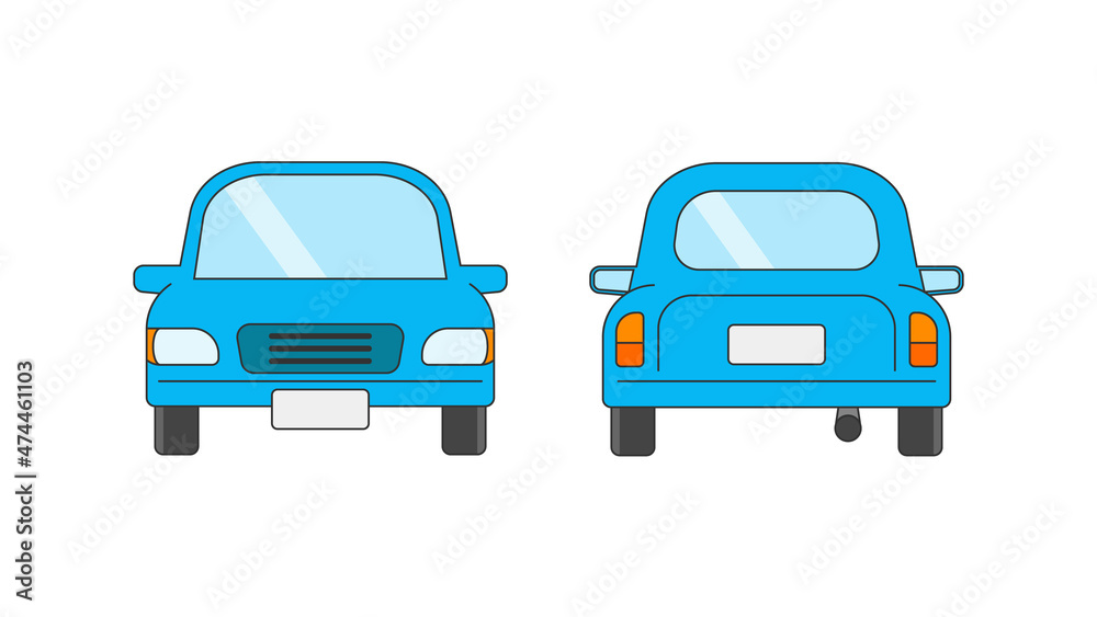 Blue sedan car illustration. Front view and back view.