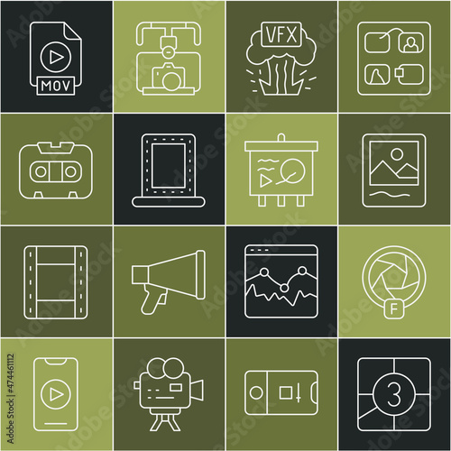 Set line Old film movie countdown frame, Camera shutter, Photo, VFX, Makeup mirror with lights, Retro audio cassette tape, MOV file document and Scenario on chalkboard icon. Vector