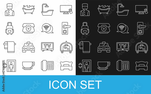 Set line Bedroom, Hotel luggage cart, Digital door lock, Bathtub, Telephone handset, Suitcase, Concierge and Wi-Fi wireless internet icon. Vector