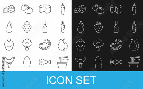 Set line Asian noodles in bowl, Plum fruit, Carrot, Cheese, Strawberry, Pear, and Tabasco sauce icon. Vector