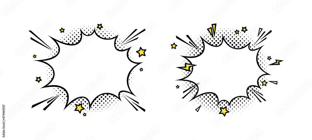 Surprising boom clouds for sales and promotions. Puff and pow smoke shapes for surprises and bursting events. Vector illustration isolated in white background