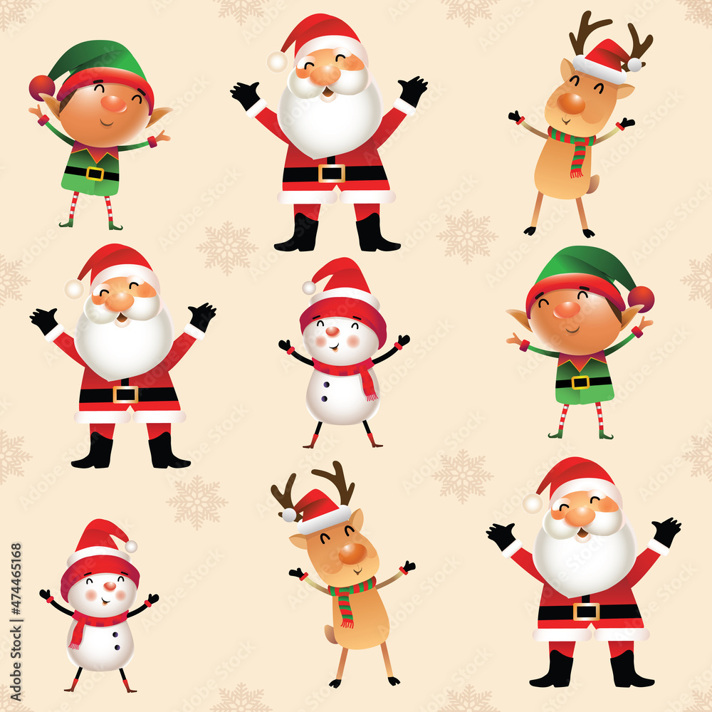 Cute Christmas holidays cartoon seamless pattern and background. Santa Claus, deer, snowman.