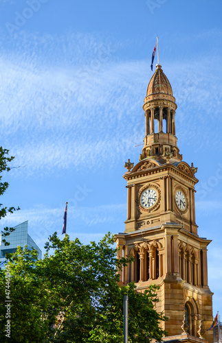 Photography Historical clock tower at sydney Town hall, Australia with blue sky background
