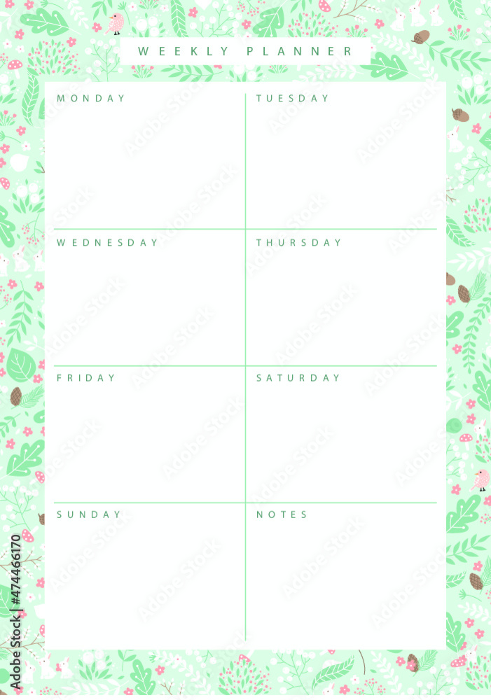 Cute Green Weekly Planner with Forest Pattern