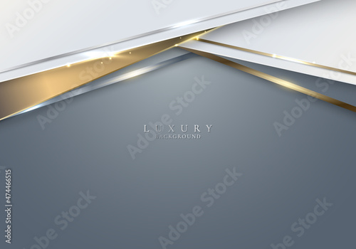 Abstract white and golden stripes geometric shapes with shiny gold and silver lines on gray background