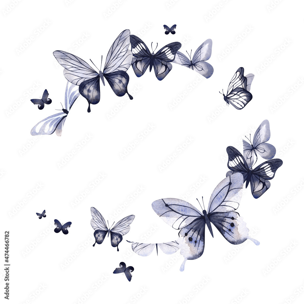 Fototapeta premium Butterflies. Ready-made watercolor illustration for the design of cards, flyers. Circular composition.