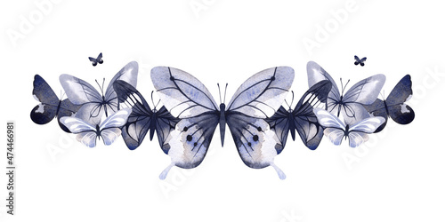 Butterflies. Horizontal watercolor illustration. For the design of cards, flyers, books, diplomas, certificates, invitations on an isolated white background.