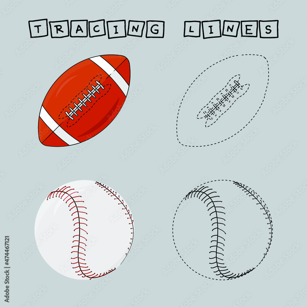 Developing an activity for children, the tracing the lines of rugby and baseballs. Logic game for children.
Developing an activity for children, the tracing the lines of rugby and baseballs. Logic game for children.