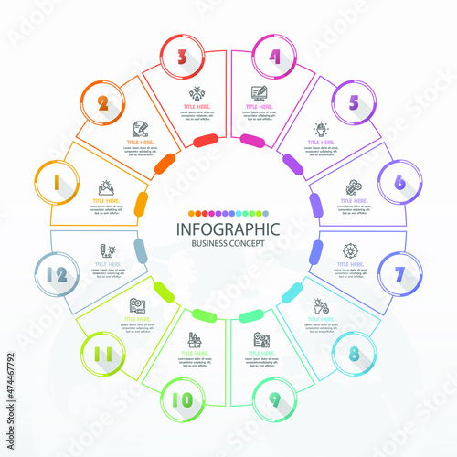 Basic circle infographic template with 12 steps, process or options, process chart, Used for process diagram, presentations, workflow layout, flow chart, infograph. Vector eps10 illustration.
