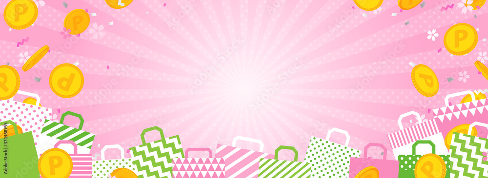 ショッピング・セール向け　バナーテンプレート／ポイントコイン、紙袋、桜のフレーム