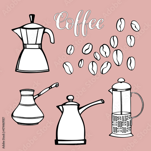 Coffee Set with traditional coffee pots, coffee beans and lettering.
Hand drawn sketch style. Vector illustration. Isolated. Vintage collection on coffee color background.