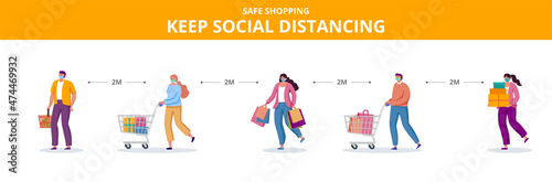 Shopping people with bags, packages and purchases, keeping social distance for safe shopping during covid pandemic. Flat vector illustration for banner, website, print. Coronavirus prevention banner. 