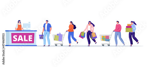 Queue near cashier desk, people making purchases during big sale. People buying clothes, gifts, grocery. Flat vector illustration for banner, website, print.