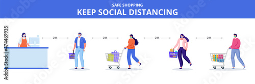 Queue near cashier desk, people keeping social distance for safe shopping during covid pandemic. Flat vector illustration for banner, website, print. Coronavirus prevention banner.