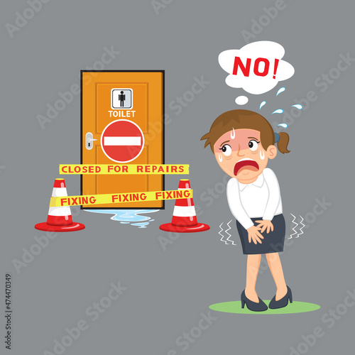 The woman felt a stomach ache in front of the toilet closed for repairs sign, Illustration vector cartoon