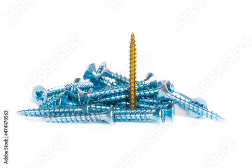 bunch of lying silver screws and one standing golden, leader or different concept