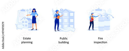 Estate planning, Public building, Fire inspection. Building maintenance abstract concept vector illustration set.