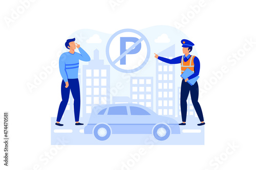 Parking fines illustration exclusive design inspiration. Police writing a parking fine to a car parked in a prohibited place.