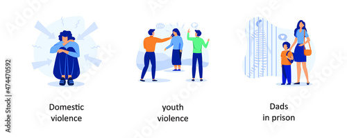 Domestic violence, Youth violence, Dads in prison. Harassment abstract concept vector illustrations.