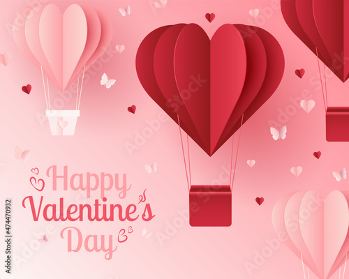 Happy valentines day. Vector design with paper cut red and pink hearts shape hot air balloons flying in pink background. Vector illustration.