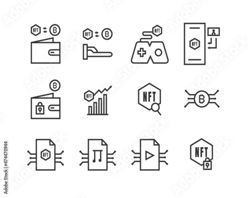 Set of NFT (Non-fungible token) icons. Thin line icons such as blockchain technology, buy and sell NFT art, and cryptocurrency. Editable stroke. Pixel perfect 64x64 For web and mobile.