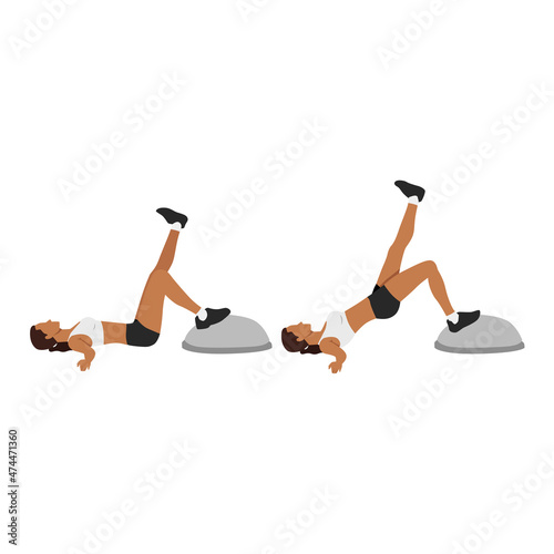 Woman doing Single leg bridge exercise. Flat vector illustration isolated on white background