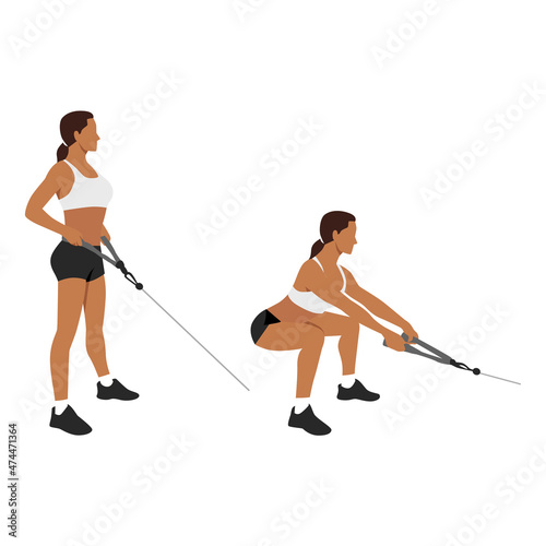 Woman doing cable squat rows exercise flat vector illustration isolated on white backgound. Row squats